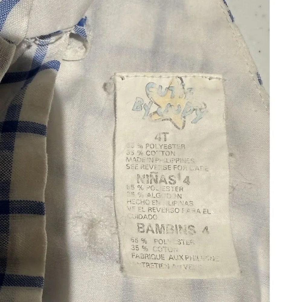 Vintage Girls 4T Strawberry Embroidered Blue Check Seersucker  Dress 4th of July